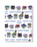 Greeting card with dogs wearing colorful costume hats and 'Happy Purim!' text on a white background