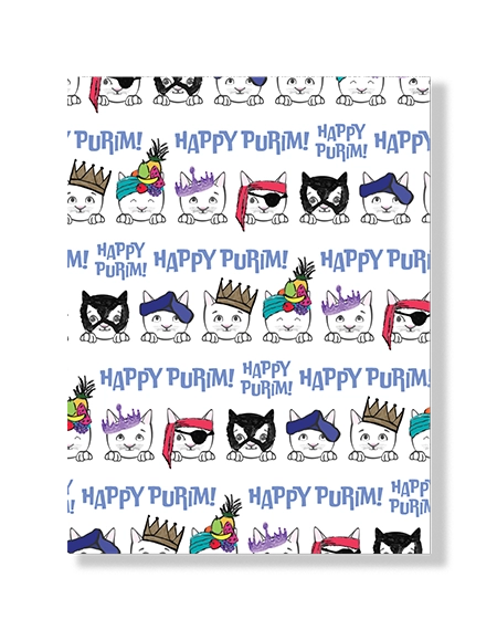 Card with cartoon cats wearing Purim costumes and 'Happy Purim!' text on a white background