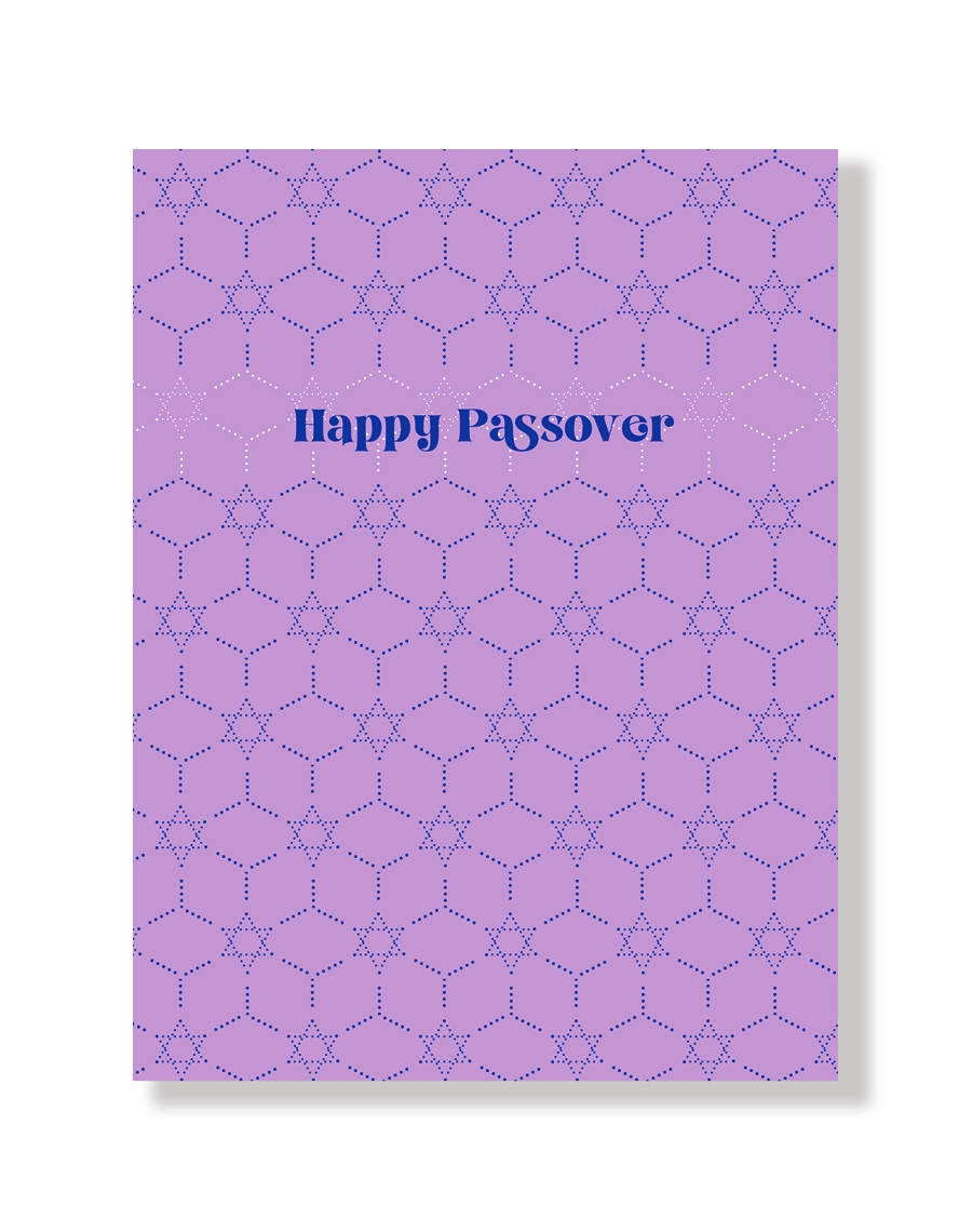 Purple card with Jewish star pattern and 'Happy Passover' text on a white background