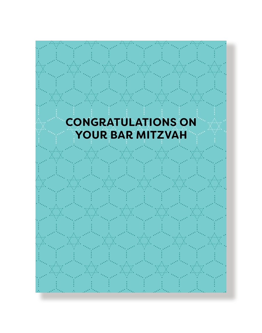 Turquoise card with geometric Jewish star pattern and 'Congratulations on your Bar Mitzvah' text
