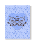 Card with two deer in a heart shape and text 'It is Beshert, Dear' on a blue star-patterned background.