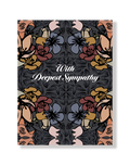 Greeting card with floral design and 'With Deepest Sympathy' text on a dark background