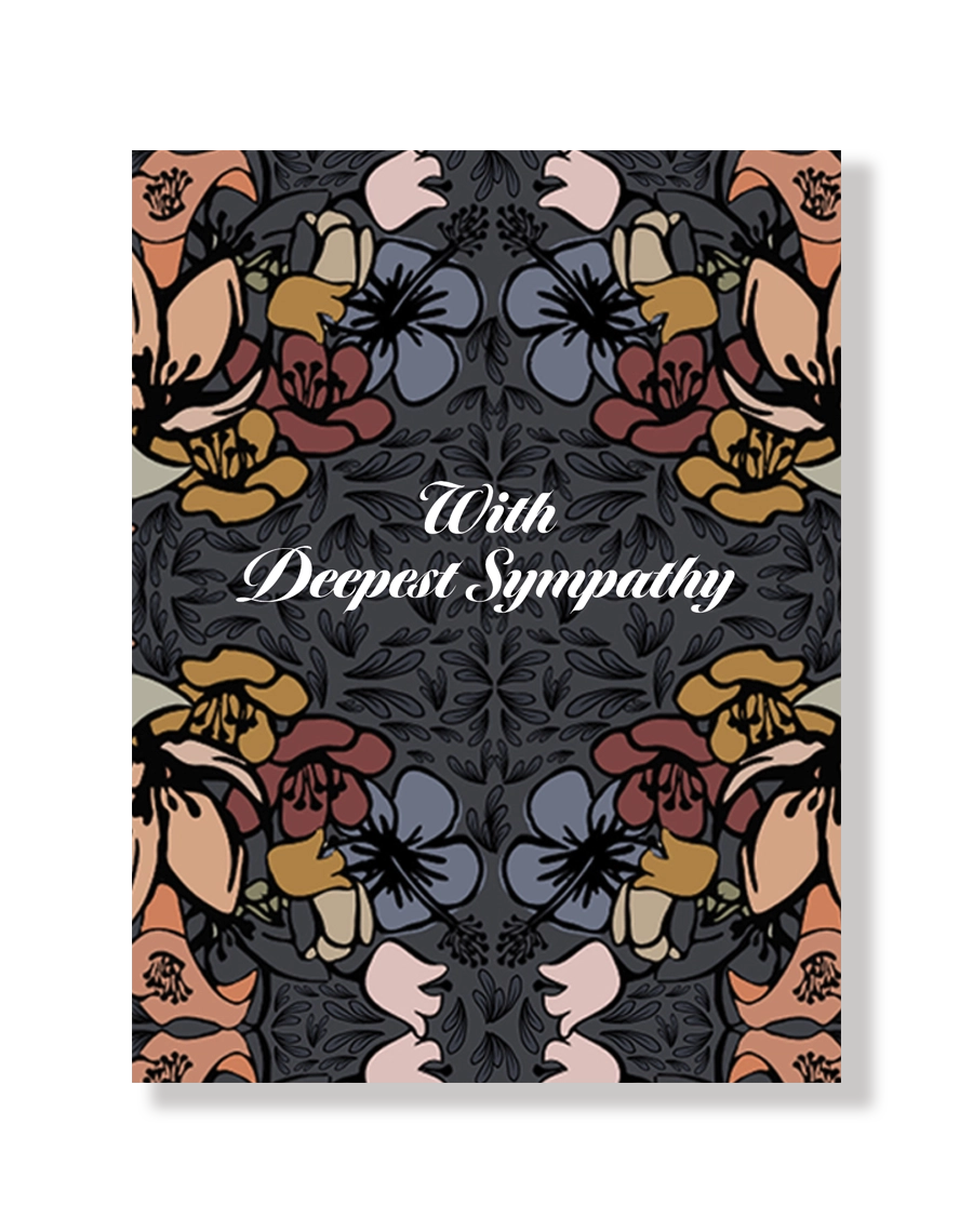 Greeting card with floral design and 'With Deepest Sympathy' text on a dark background