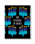 Card with blue candles and yellow flames on a black background, featuring the text 'The Festival of Lights'.