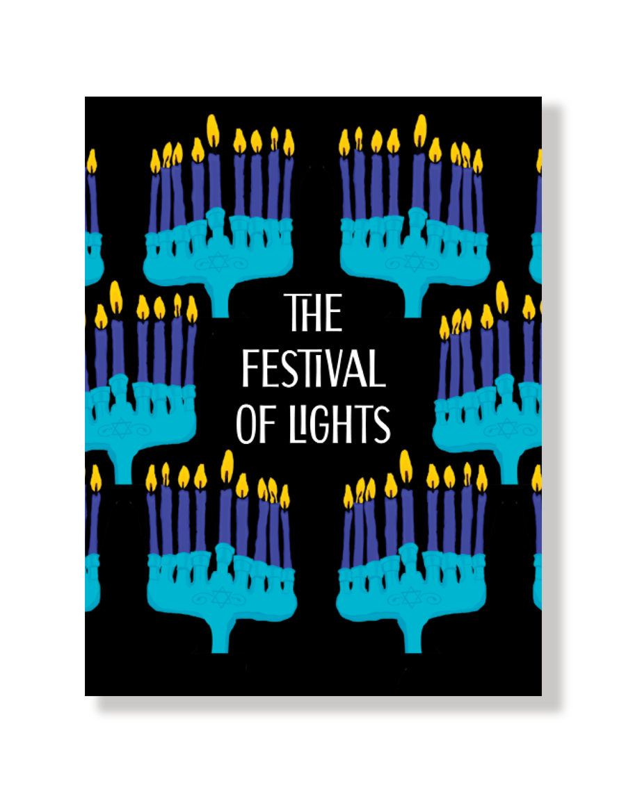 Card with blue candles and yellow flames on a black background, featuring the text 'The Festival of Lights'.