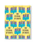 Card with blue candles and text 'The Festival of Lights' on a yellow background