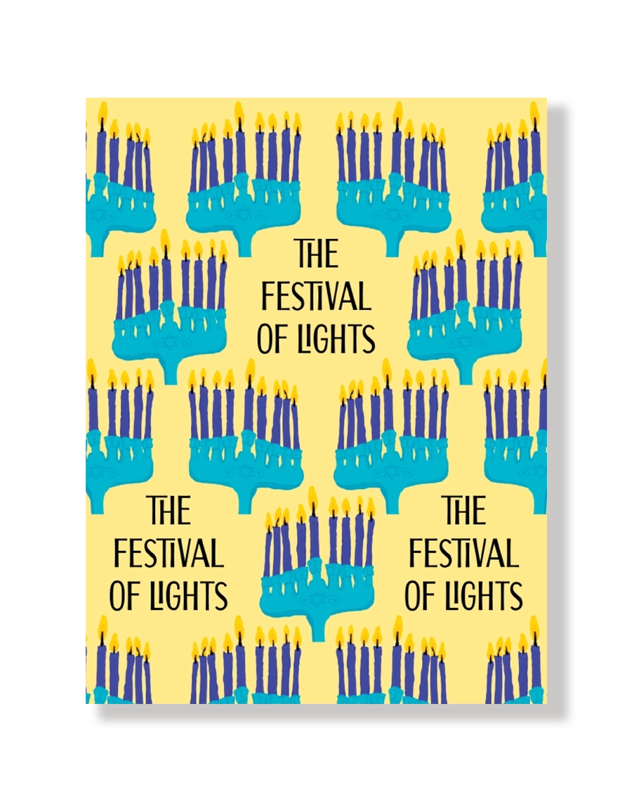 Card with blue candles and text 'The Festival of Lights' on a yellow background