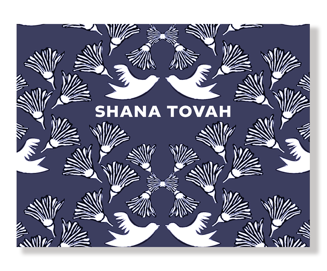 Shana Tovah Birds and Blossoms Dark Blue