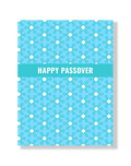 Card with blue and turquoise background and white star pattern, featuring 'Happy Passover' text.
