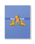 Rosh Hashanah card with yellow dogs and 'Shana Tovah' text on a blue background