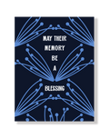 Blue floral design with white text on a dark blue background