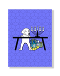 Hanukkah card with a dog and menorah design on a blue geometric patterned background
