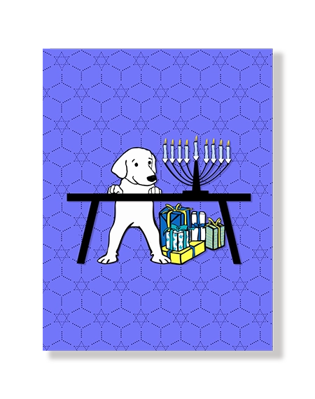 Hanukkah card with a dog and menorah design on a blue geometric patterned background
