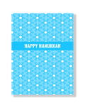 Card with blue background and white Jewish star pattern, featuring 'Happy Hanukkah' text.