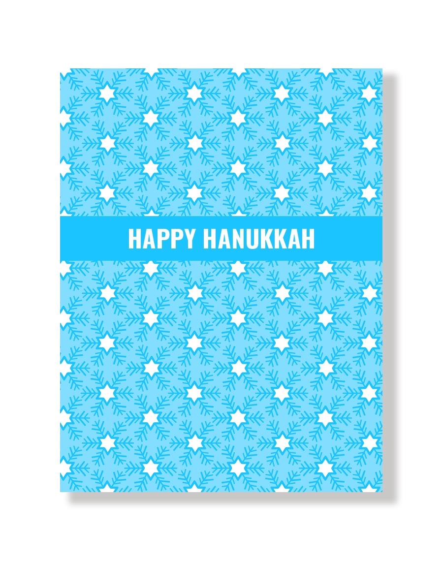 Card with blue background and white Jewish star pattern, featuring 'Happy Hanukkah' text.