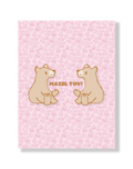 Card with two bears and 'Mazel Tov!' text on a background of pink flowers  