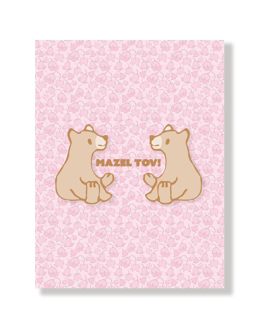 Card with two bears and 'Mazel Tov!' text on a background of pink flowers  