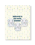 Baby shower card with sketched bunnies and text on a polka dot background