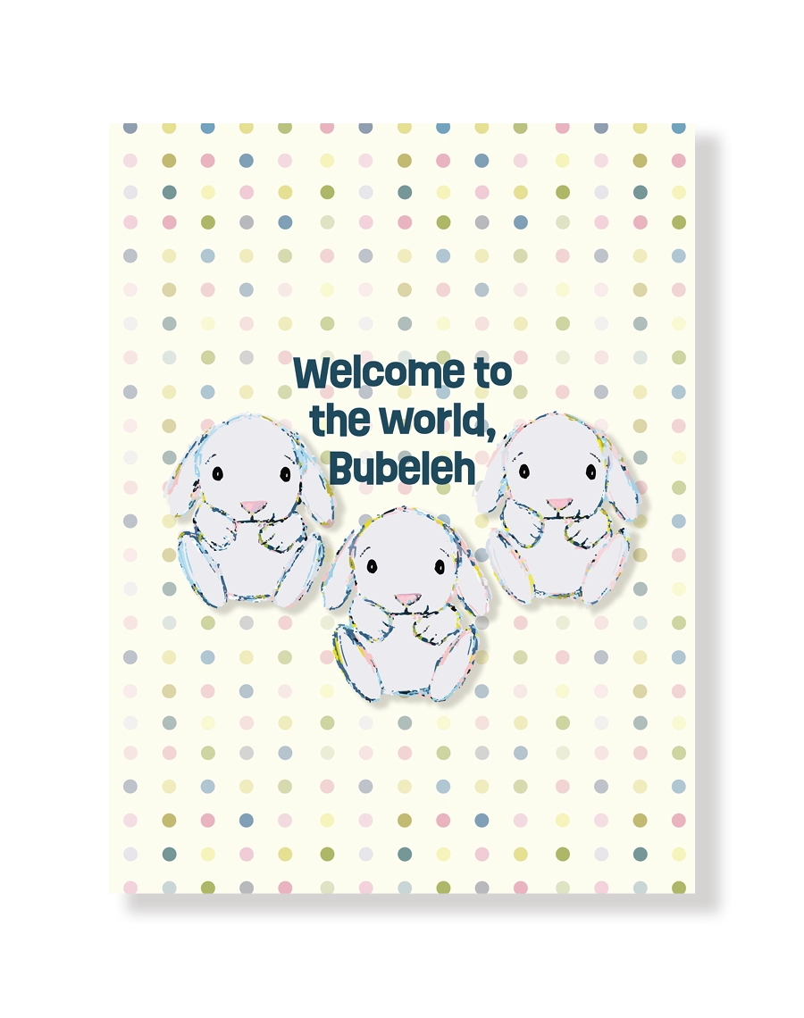 Baby shower card with sketched bunnies and text on a polka dot background