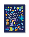 Card with colorful Dog and Hanukkah illustrations and text on a blue background