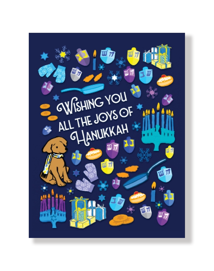 Card with colorful Dog and Hanukkah illustrations and text on a blue background