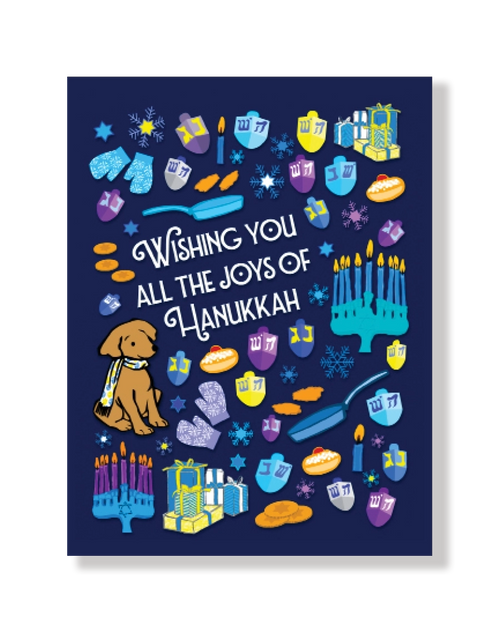 Card with colorful Dog and Hanukkah illustrations and text on a blue background