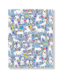 Pattern of white dogs on a blue background with Hanukkah dreidels, menorahs, latkes