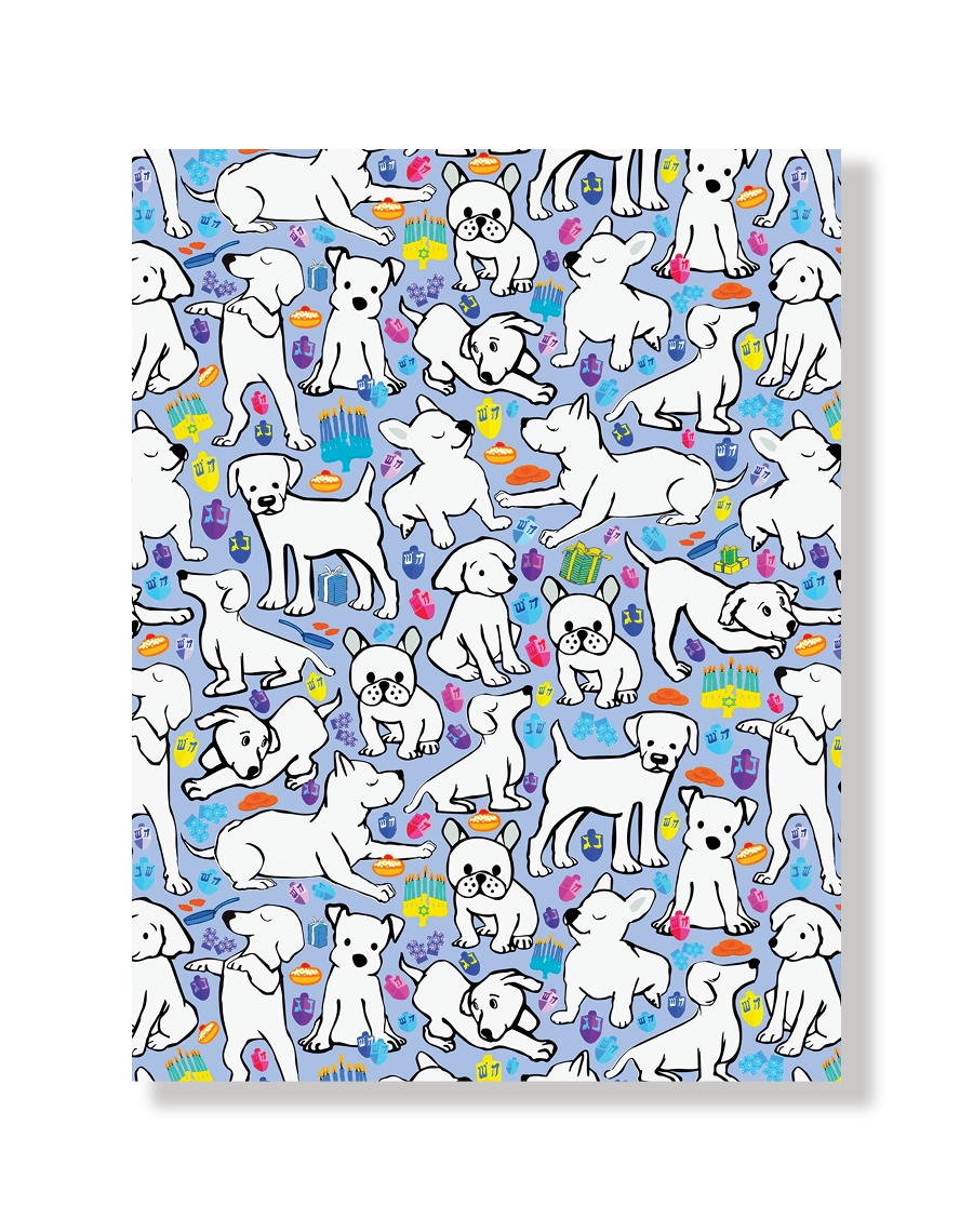 Pattern of white dogs on a blue background with Hanukkah dreidels, menorahs, latkes