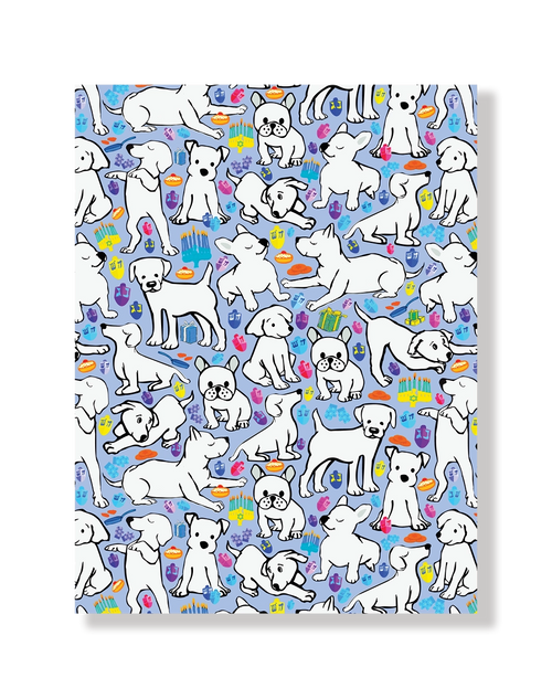 Pattern of white dogs on a blue background with Hanukkah dreidels, menorahs, latkes