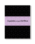 Greeting card with geometric Jewish star design and 'Congratulations on your Bat Mitzvah' text on a black and purple background