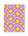 Purple card with yellow Jewish star patterns and text for Bat Mitzvah
