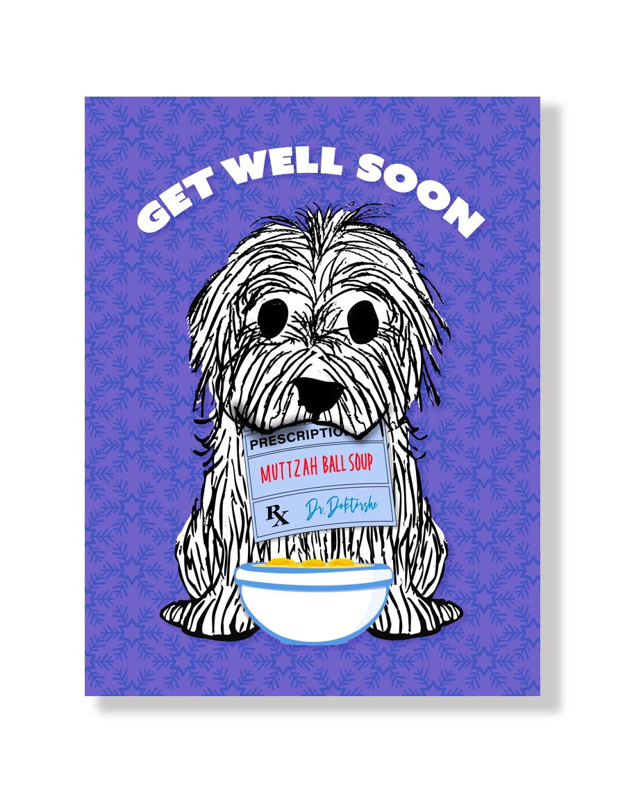 Get well soon card with a dog illustration and text on a purple background