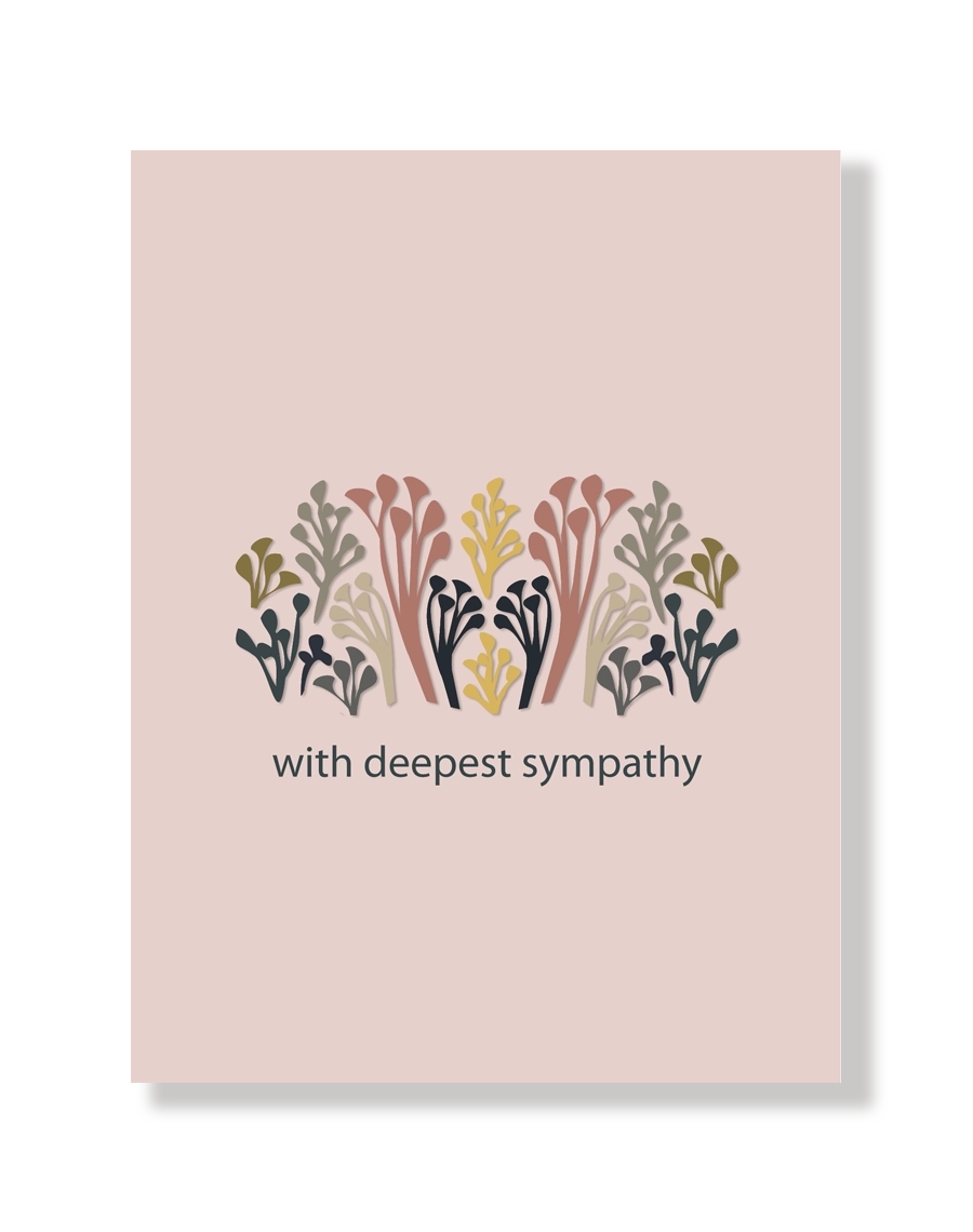 Sympathy card with floral design and 'with deepest sympathy' text on a light peach background